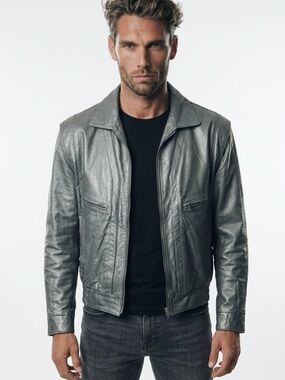 BERMANS • Vintage Gray Genuine Leather Bomber Moto Jacket Thinsulate Small Long
